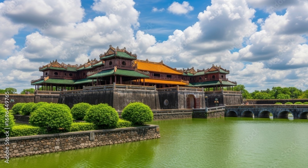 Naklejka premium Ancient Asian Palace Complex with Green Roofs and Moat