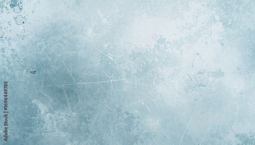 Fototapeta premium Scratched dust effect with distressed overlay and worn texture in light blue and white frost patterns on aged glass abstract background with empty area.