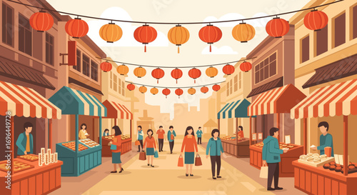 A bustling street market scene with vendors, shoppers, and festive lanterns.