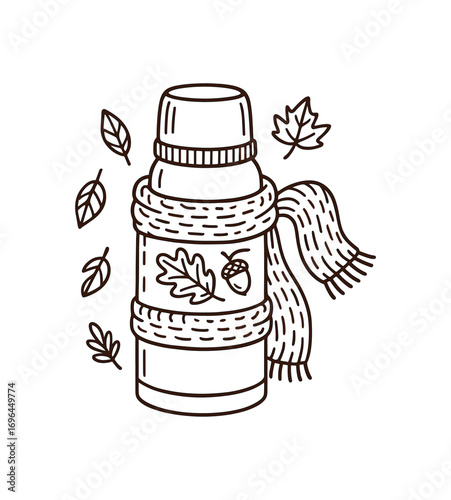 vector line illustration thermos flask cozy autumn isolated on white background