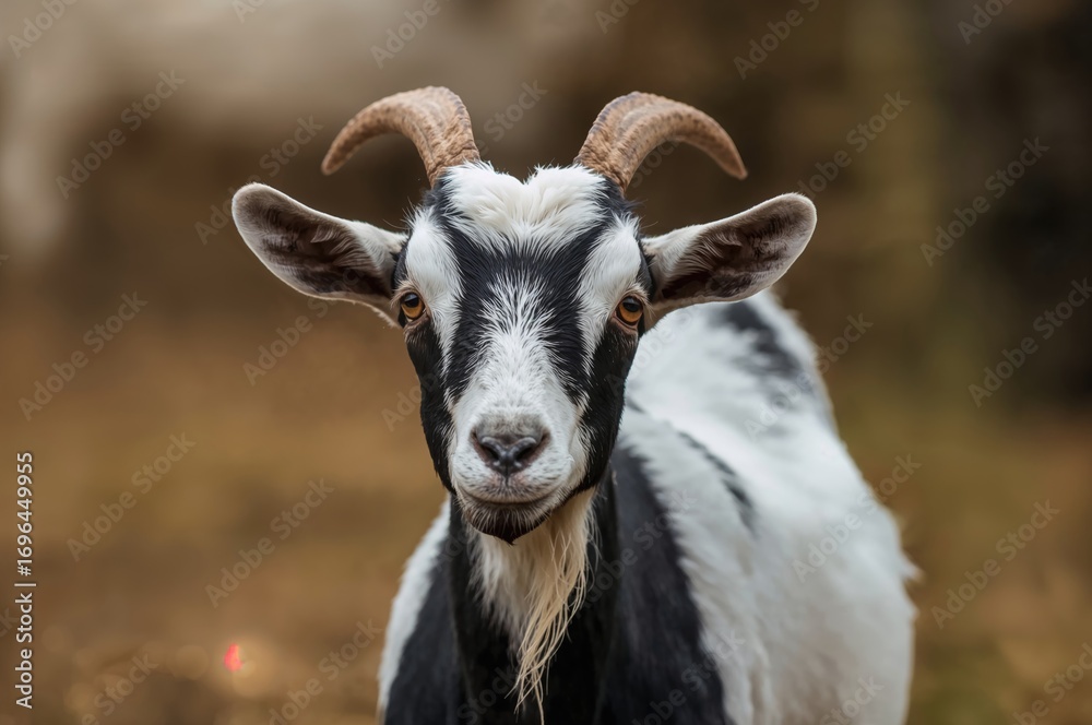 Fototapeta premium Domesticated goats provide milk, hair, and leather; a summer farm scene with black and white animals in nature