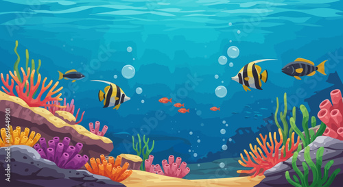 Vibrant underwater scene showcasing colorful coral reefs and diverse fish species.
