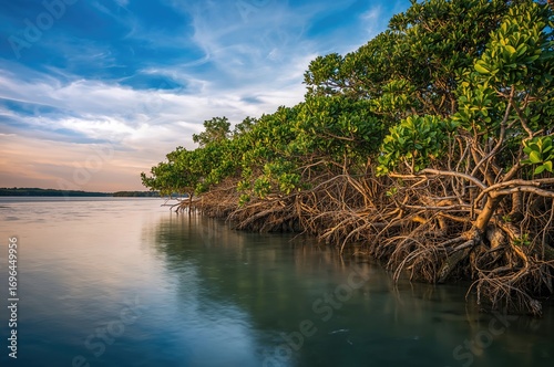 Various perspectives of mangrove trees at dawn and twilight hours