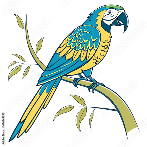 Blue and yellow macaw parrot perched on a branch