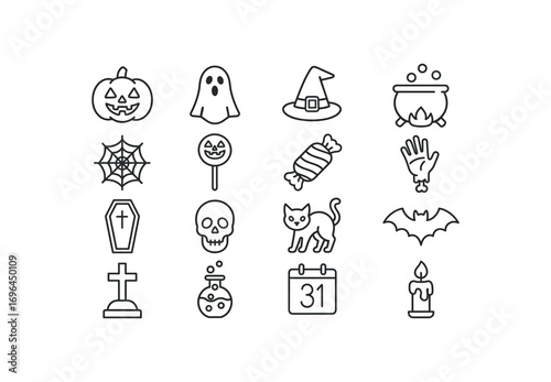 grid 4x4 vector icon line halloween holiday 16 items isolated on white background