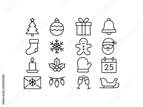grid 4x4 vector icon line christmas holiday 16 items isolated on white background
