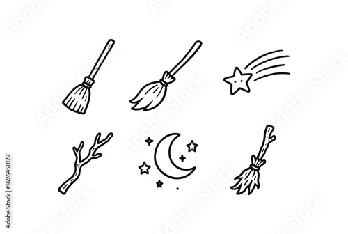 hand drawn cute doodle style line isolated on white background broom handle straw sweep witch flight fast streak crooked twig night sky