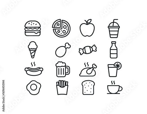grid 4x4 vector icon line food and drink 16 items isolated on white background