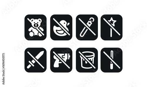 flat black solid icon 8 different items each item inside solid rounded rectangle safety placard no plush toys no squeaky toys no glow sticks no led wands no foam swords no bubble guns no