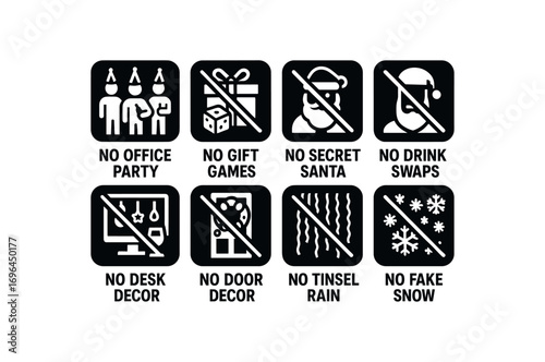 flat black solid icon 8 different items each item inside solid rounded rectangle safety placard no office party no gift games no secret santa no drink swaps no desk decor no door decor no