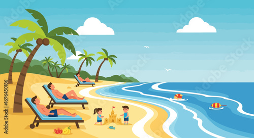 Family enjoying a sunny beach day with palm trees and ocean waves.