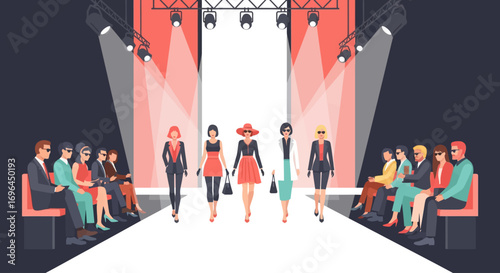 Fashion show runway with models showcasing stylish attire, watched by an audience under bright stage lights.