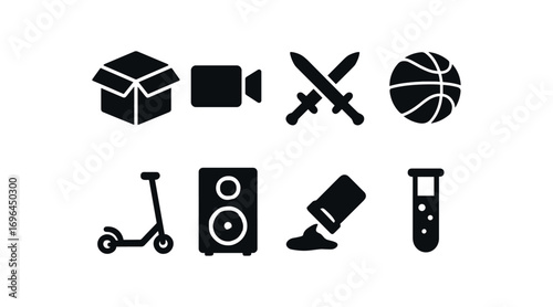 flat black solid icon 8 different items isolated on white background. no toy unboxing no battery tests no sword fights no ball bouncing no scooter rides no loud demos no bubble spills no