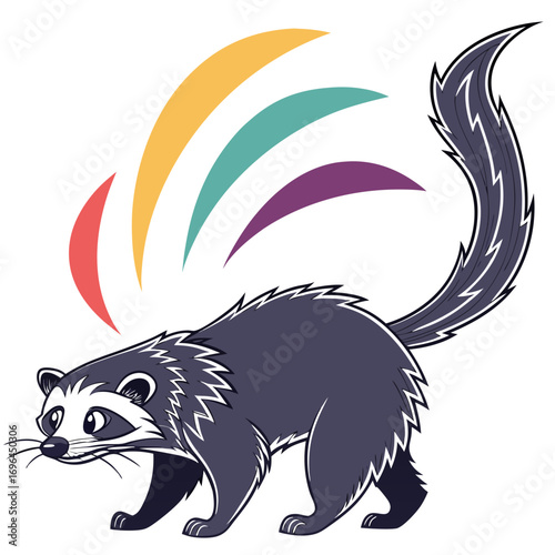 Cartoon illustration of a raccoon with colorful arcs emanating from its back