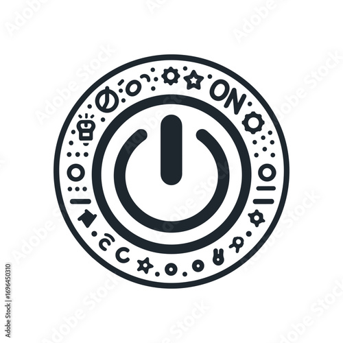 Power button icon with decorative elements and symbols