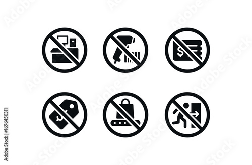 flat black solid icon 8 different items isolated on white background. no self checkout no fake scans no barcode covers no coupon stacking no tag swapping no bag switching no belt sitting no