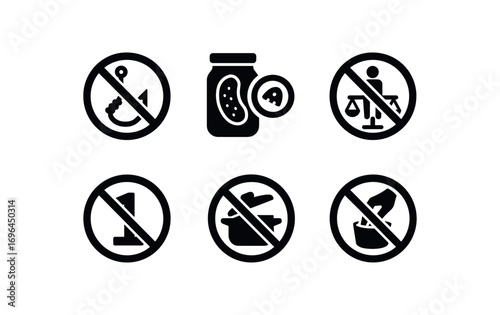 flat black solid icon 8 different items isolated on white background. no olive fishing no pickle fishing no slice sampling no scale sitting no number skipping no lid opening no leaning no