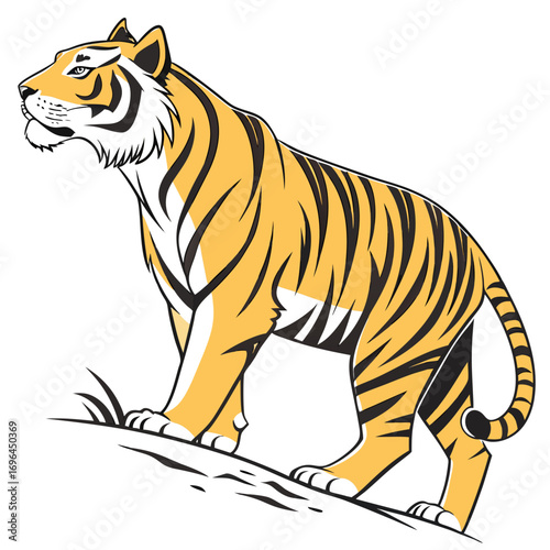A stylized illustration of a tiger standing on a grassy incline