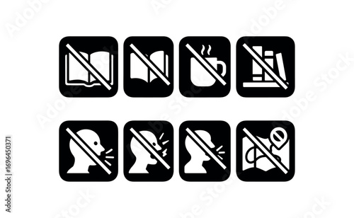 flat black solid icon 8 different items each item inside solid rounded rectangle safety placard no spine cracking no corner folding no coffee cups no shelf sitting no loud readings no