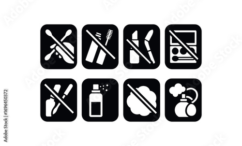 flat black solid icon 8 different items each item inside solid rounded rectangle safety placard no tester swabs no open mascara no lip trials no palette pokes no nail tests no spray clouds