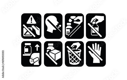 flat black solid icon 8 different items each item inside solid rounded rectangle safety placard no box tampering no pill tasting no cap opening no shelf swapping no return meds no bin