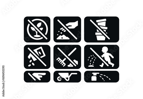flat black solid icon 8 different items each item inside solid rounded rectangle safety placard no plant picking no soil tossing no pot stacking no hose spraying no seed spilling no rake