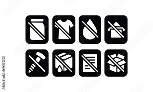 flat black solid icon 8 different items each item inside solid rounded rectangle safety placard no empty jars no used items no wet goods no missing screws no leak returns no fake labels no