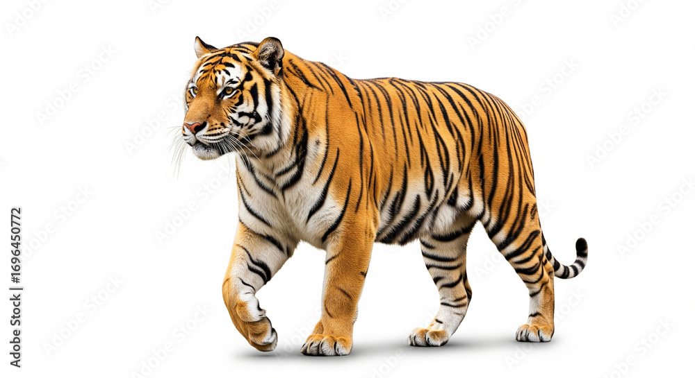 Fototapeta premium Majestic orange and black striped tiger walking gracefully, powerful wild animal, isolated transparent background.