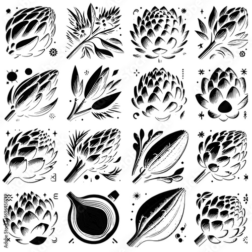 A collection of sixteen black and white artichoke illustrations in various styles and compositions shown