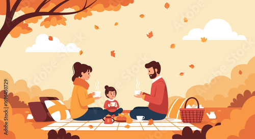 A family enjoys a picnic in an autumnal park, sharing tea and treats together.