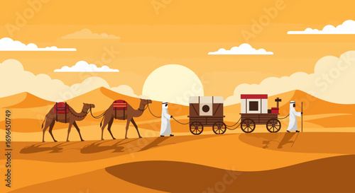 Two camels pull a train car through a desert landscape, guided by two people in white robes.