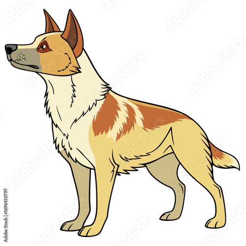 Cartoon illustration of a tan and white dog standing