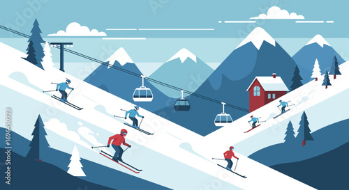 Skiers descend snowy mountain slopes, enjoying a winter day amidst scenic alpine peaks and a charming chalet.
