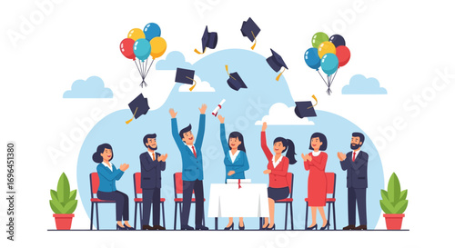 Joyful graduates celebrate their achievement with hats tossed in the air and balloons, signifying success and commencement.