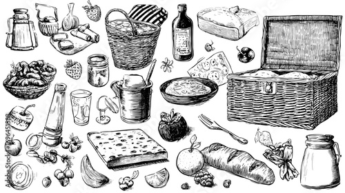 Vintage-style illustration of various barbecue and picnic items, including a grill, sausages, bread, wine bottle, cheese, and a milk can.