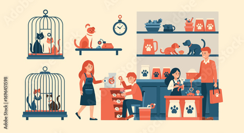 Pet store interior with customers and staff, featuring cages with cats and shelves of pet supplies.