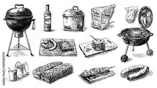 vintage-style illustration of various barbecue and picnic items, including a grill, sausages, bread, wine bottle, cheese, and a milk can.