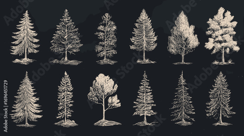 Vintage illustration of various tree species on a background.