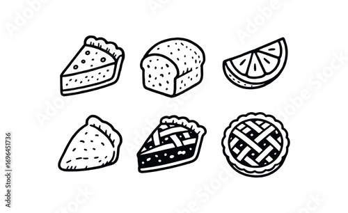 hand drawn cute doodle style line isolated on white background tart slice baked cut fruit wedge pastry piece sweet crust round pie