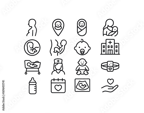 grid 4x4 vector icon line childbirth and maternity 16 items isolated on white background