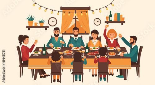 A family is gathered around a table, enjoying a festive meal together.