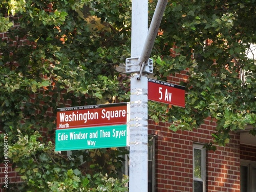 traditional street signs in West Village, Manhatttan, New York in summer, USA