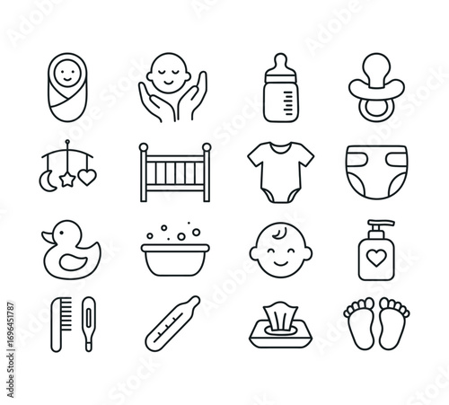 grid 4x4 vector icon line newborn care basics 16 items isolated on white background