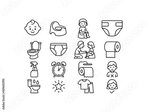 grid 4x4 vector icon line potty training routine 16 items isolated on white background