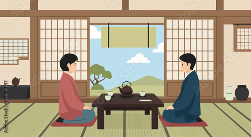 Two men in traditional Japanese attire engage in a serene tea ceremony within a tranquil, traditional Japanese home.
