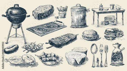 Vintage-style illustration of various barbecue and picnic items, including a grill, sausages, bread, wine bottle, cheese, and a milk can.