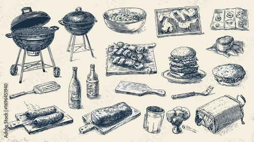 Vintage-style illustration of various barbecue and picnic items, including a grill, sausages, bread, wine bottle, cheese, and a milk can.