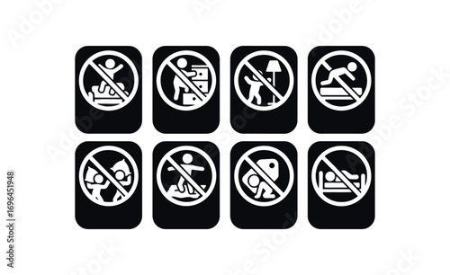 flat black solid icon 8 different items each item inside solid rounded rectangle safety placard no sofa jumping no drawer climbing no lamp testing no mattress dives no pillow fights no rug