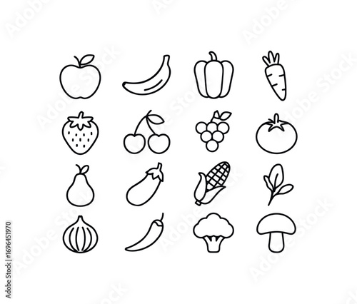 grid 4x4 vector icon line fruits and vegetables 16 items isolated on white background