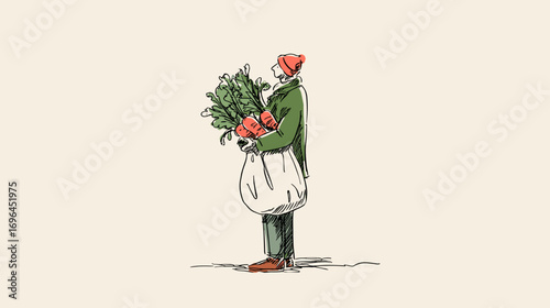 Illustration of a person holding a tote bag filled with fresh vegetables.